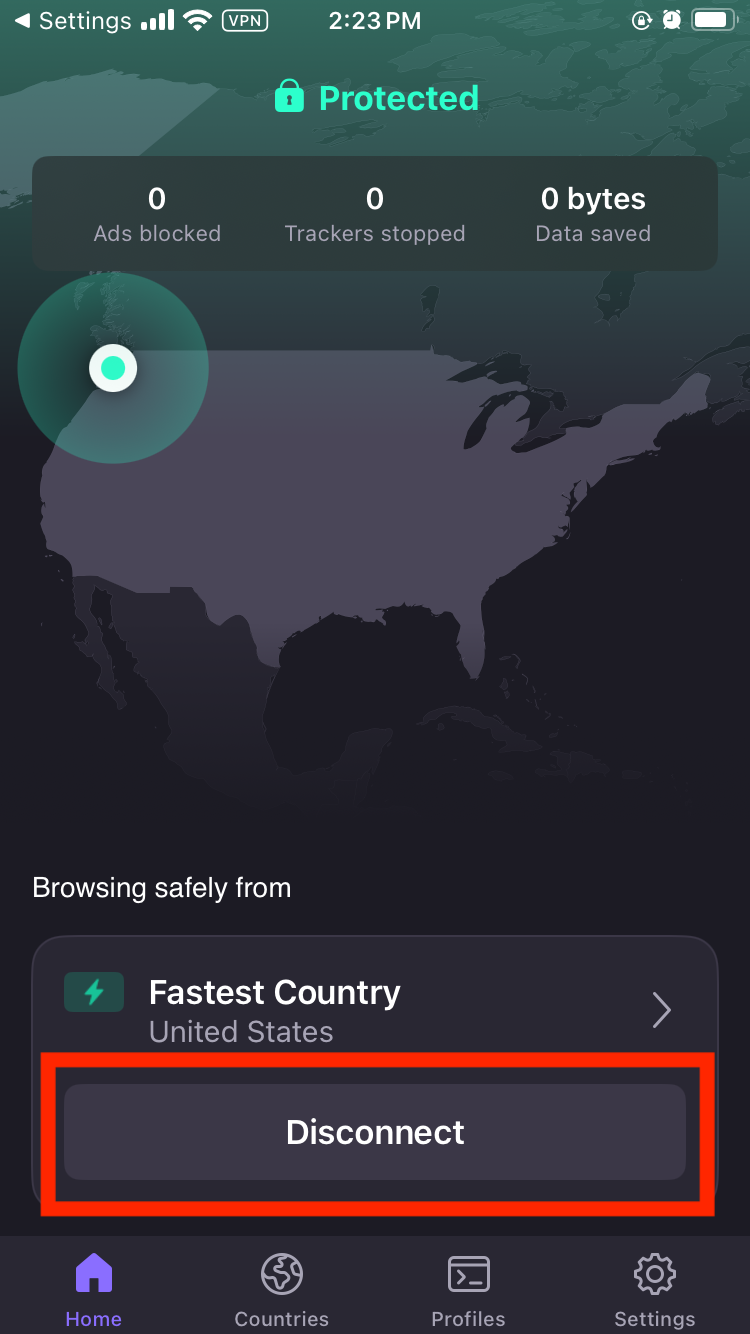 Example of where to find the disconnect option on a VPN's home screen.