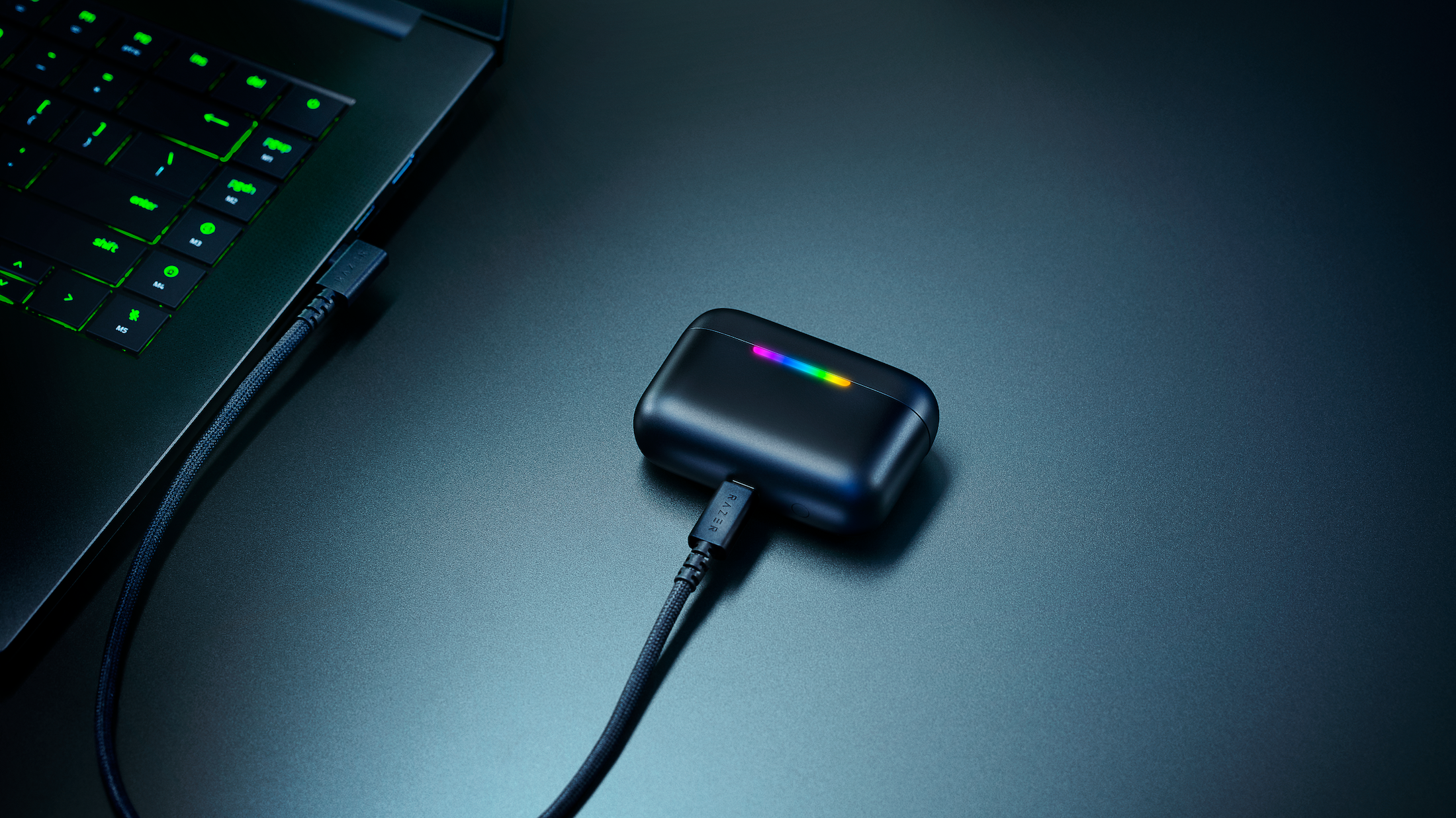 Some earbuds connected to a PC.