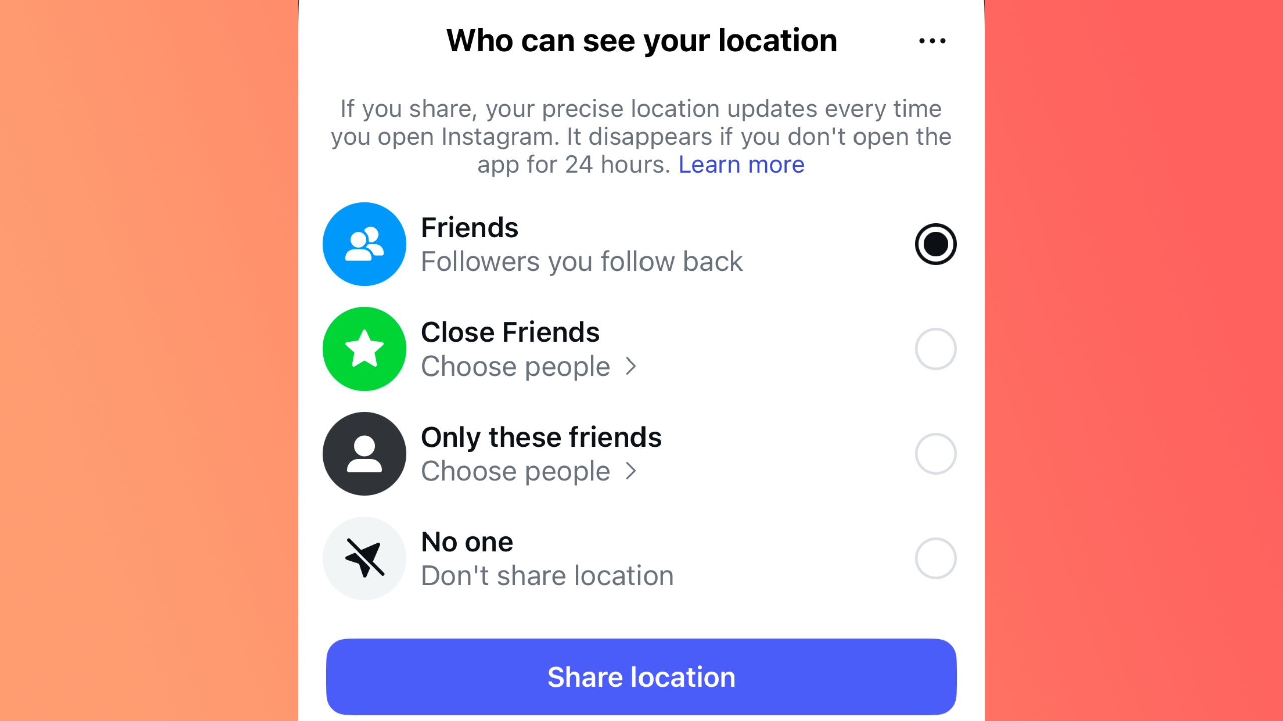 A screenshot of the various location settings available in Instagram Map.