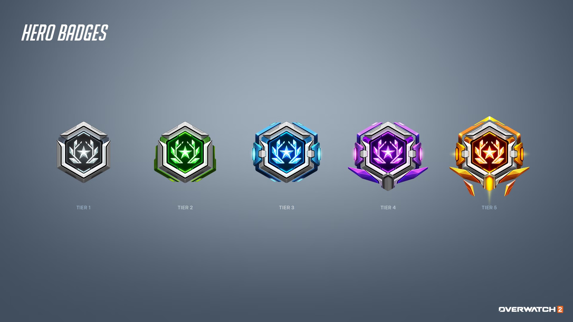 A screenshot from Overwatch 2 showing the five new hero badges that can be unlocked.