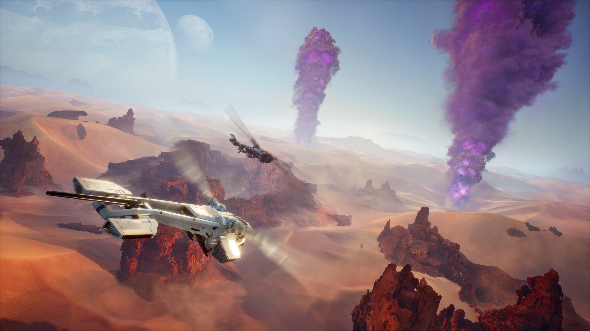 Still from the game Dune: Awakening. An ornithopter (dragonfly-esque helicopter) flies above a desert landscape. Plumes of purple smoke emit from two locations.