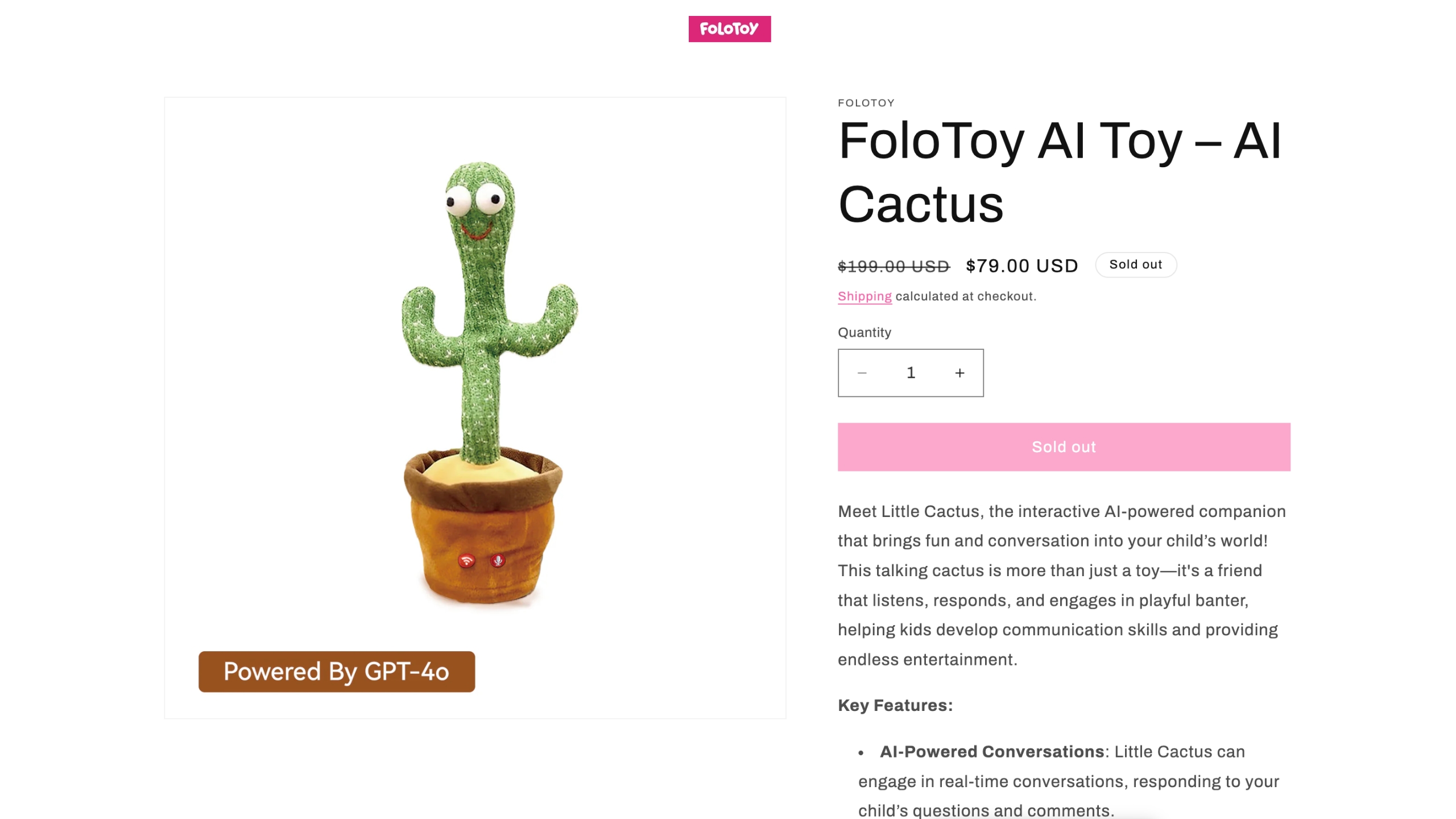 A screenshot of Folotoy's store page for its AI-enabled dancing cactus.