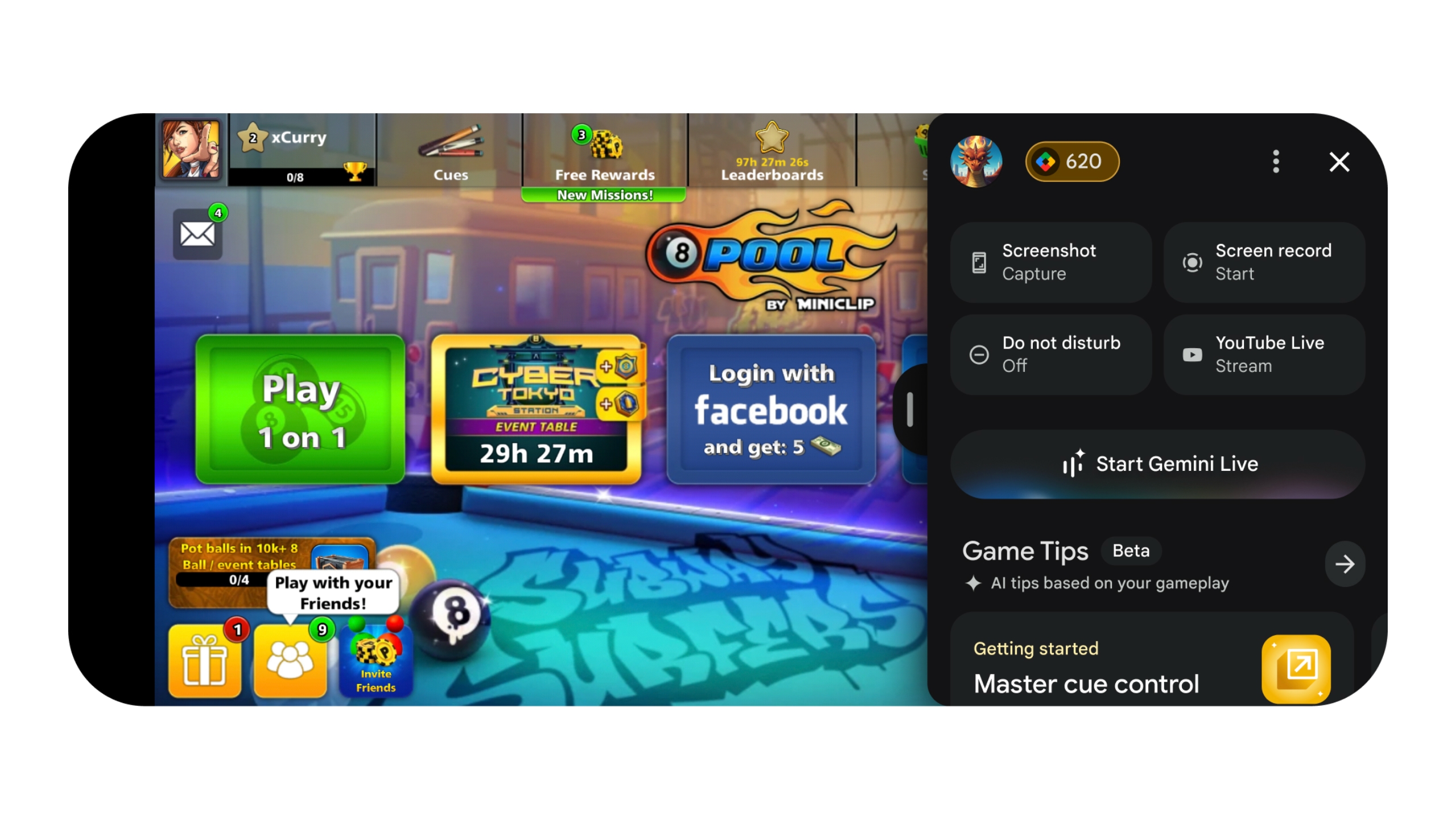 The Play Games Sidekick overlay dragged over a billiards mobile game.