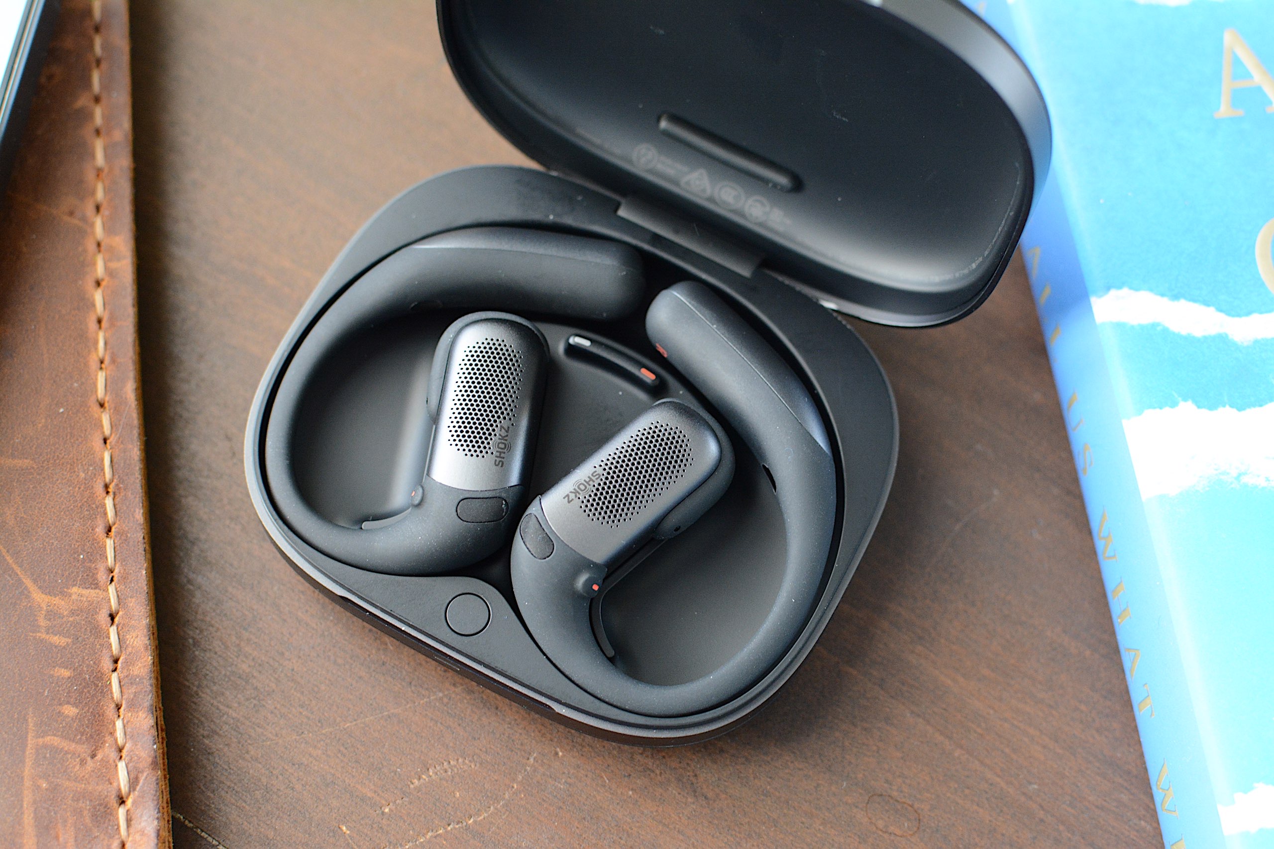 The OpenFit Pro earbuds sitting in their charging case
