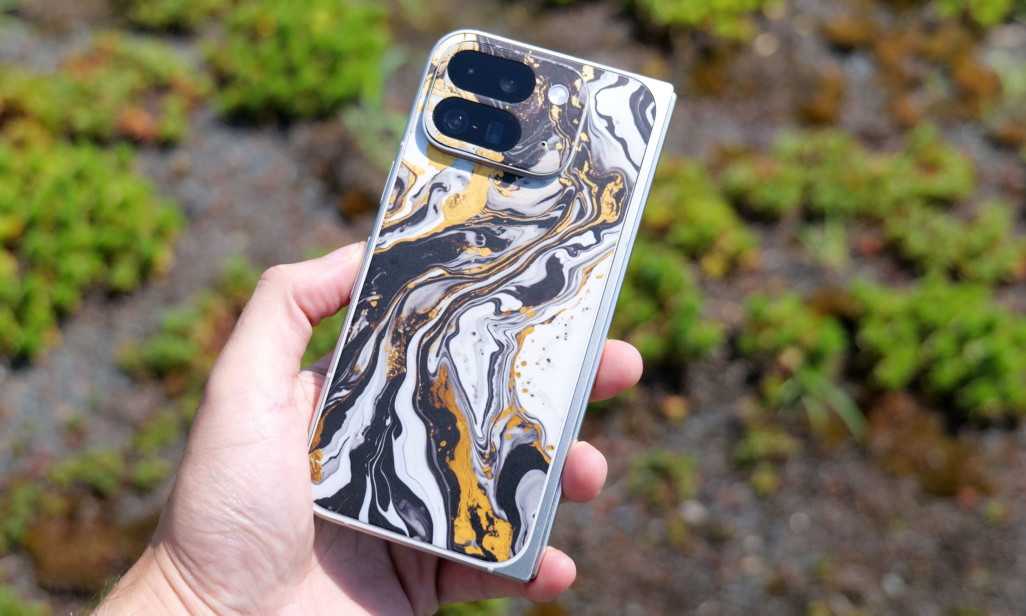 Google Pixel 9 Pro Fold with a skin from Dbrand. 