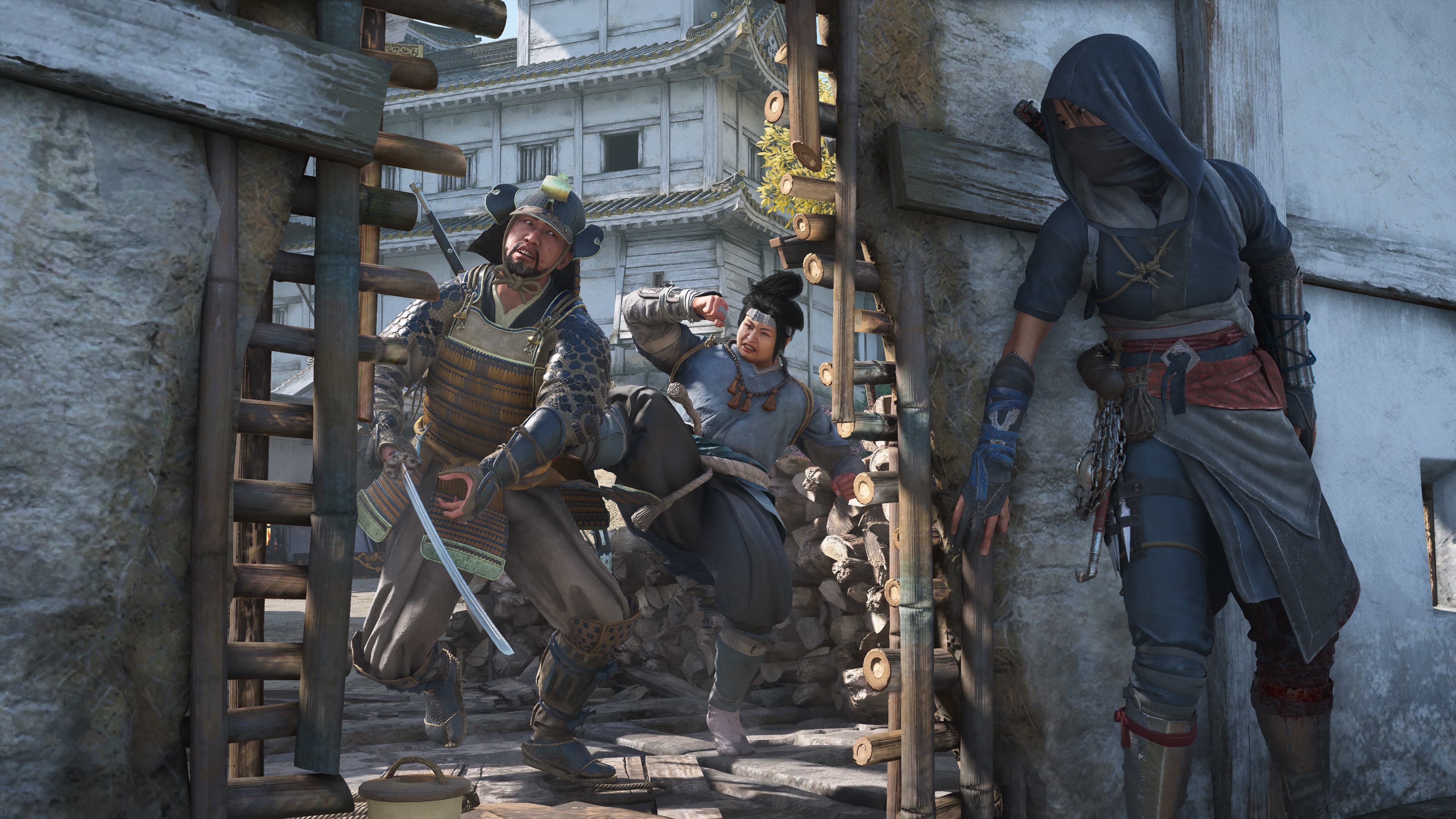 A hooded figure hides behind a wall as two people battle in Assassin's Creed Shadows.