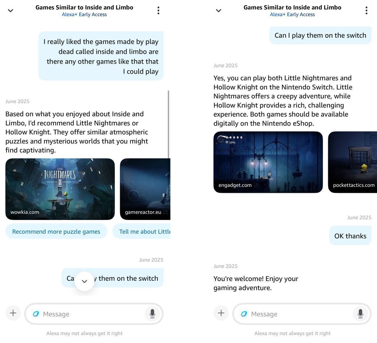 Two screenshots showing a conversation with Alexa+ with a title at the top saying 