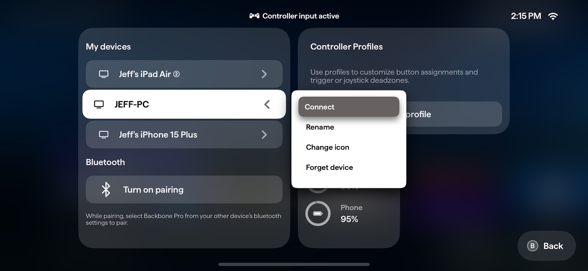 A screenshot of the pairing menu for the Backbone Pro mobile game controller.