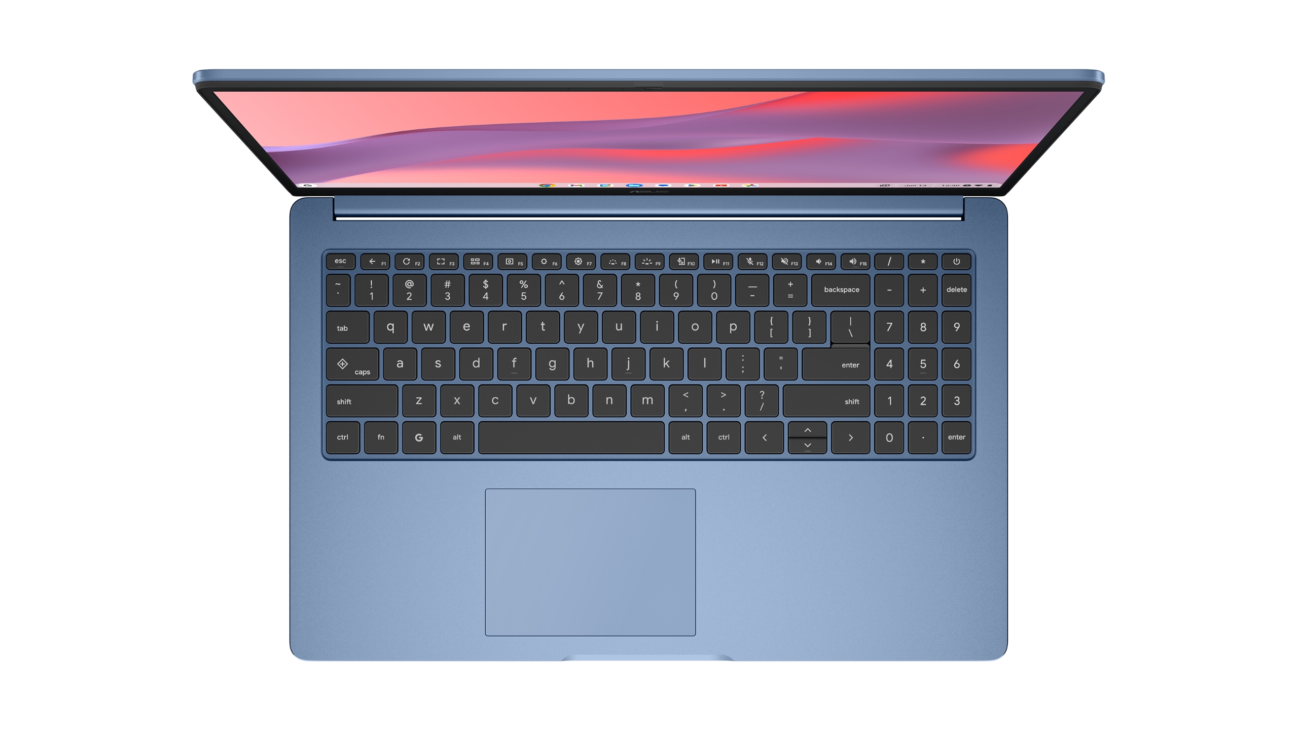 A blue Asus Chromebook viewed from above with it's keyboard visible.