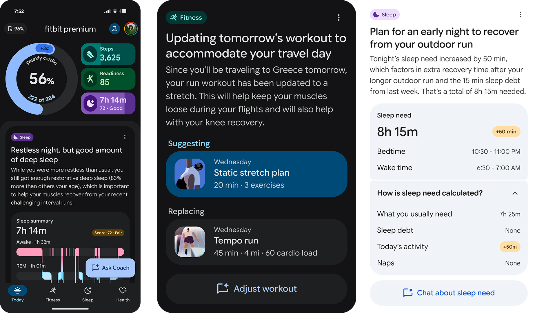 Three screenshots showing the new redesigned Fitbit app, with the first  showing the new home screen in dark mode, the middle showing a Fitness-specific card in dark mode and the rightmost shows a card offering suggestions around Sleep and activity.