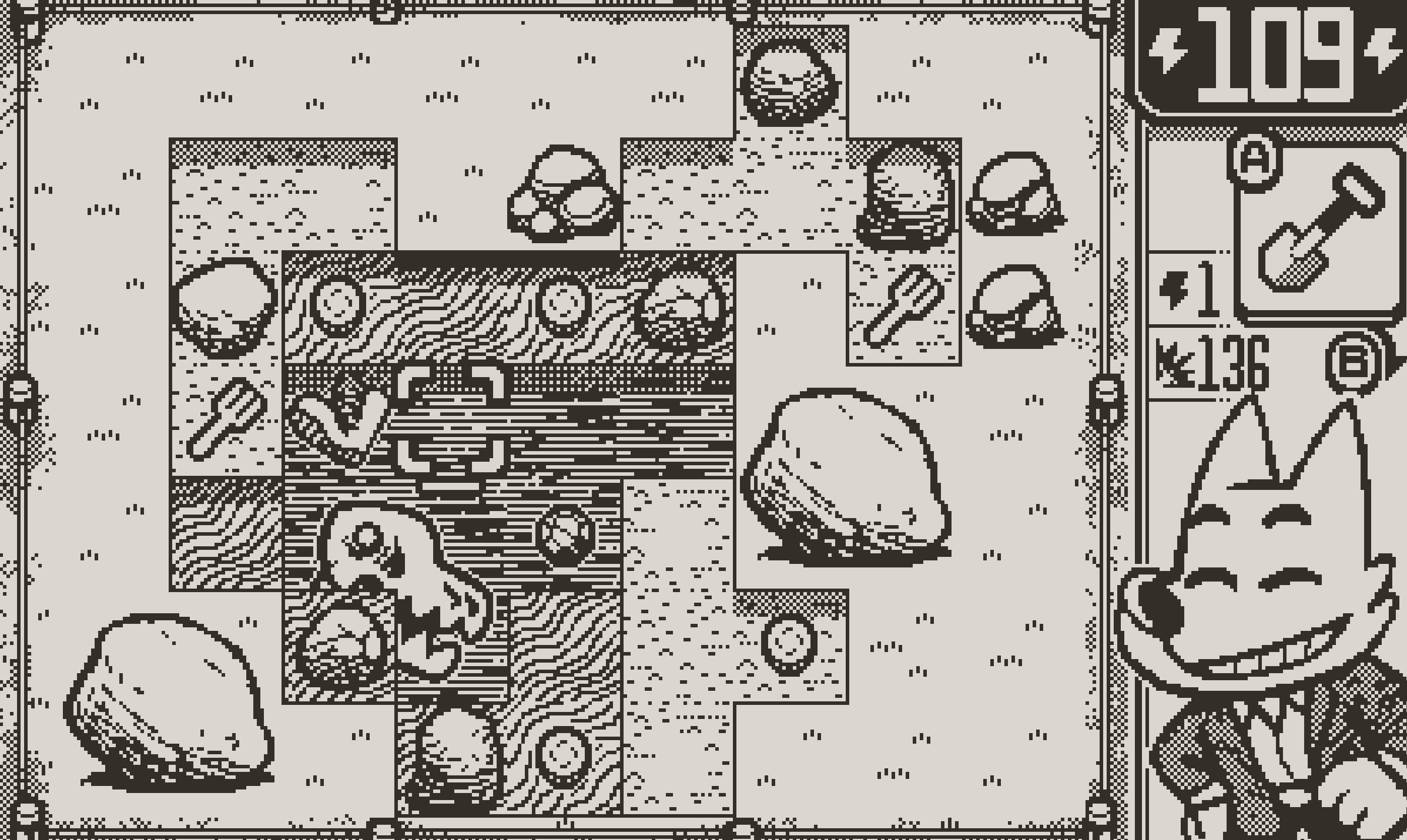 A still from the Playdate game Dig! Dig! Dino! showing a dig site with grids where a skull and other artifacts have been unearthed. A smiling fox is pictured at the bottom right of the screen