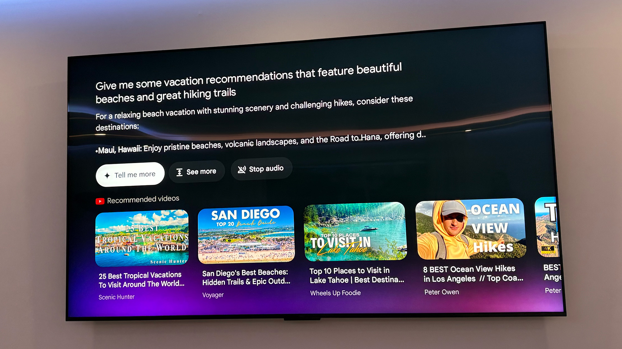 A Google TV with Gemini demo shows the response to a question asking for vacation recommendations. 