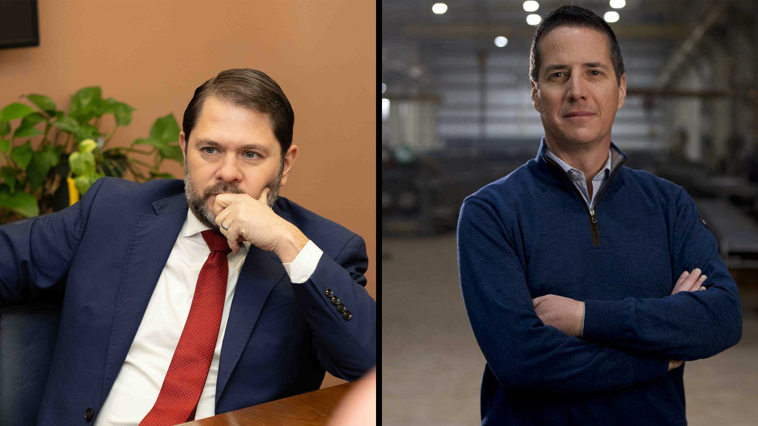 L: Arizona Sen. Ruben Gallego, R: Ohio Sen. Bernie Moreno