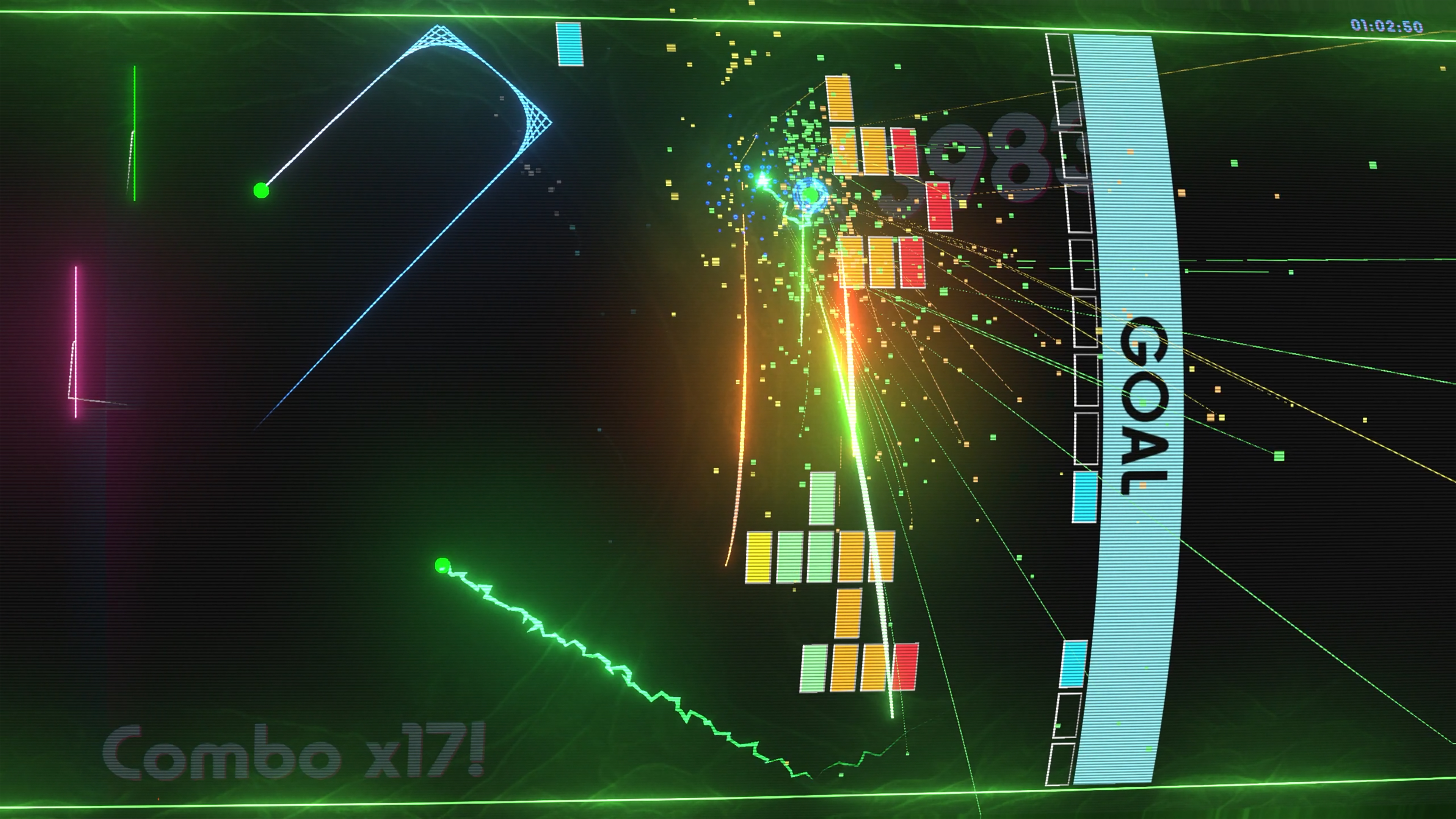 Screenshot from Breakout Beyond. Comet-like balls streak across the screen, breaking bricks. 