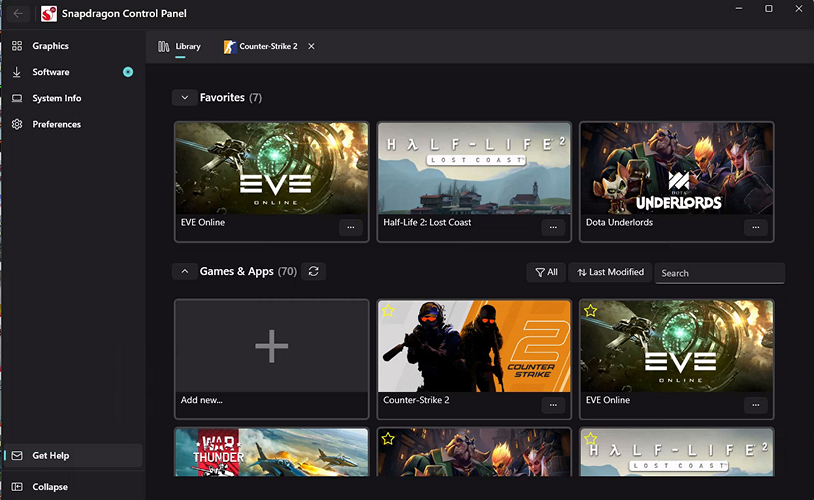 Screenshot of the Snapdragon Control Panel