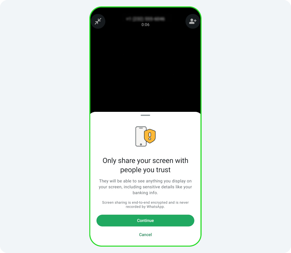 A screenshot of WhatsApp's new warning screen against potential spams.