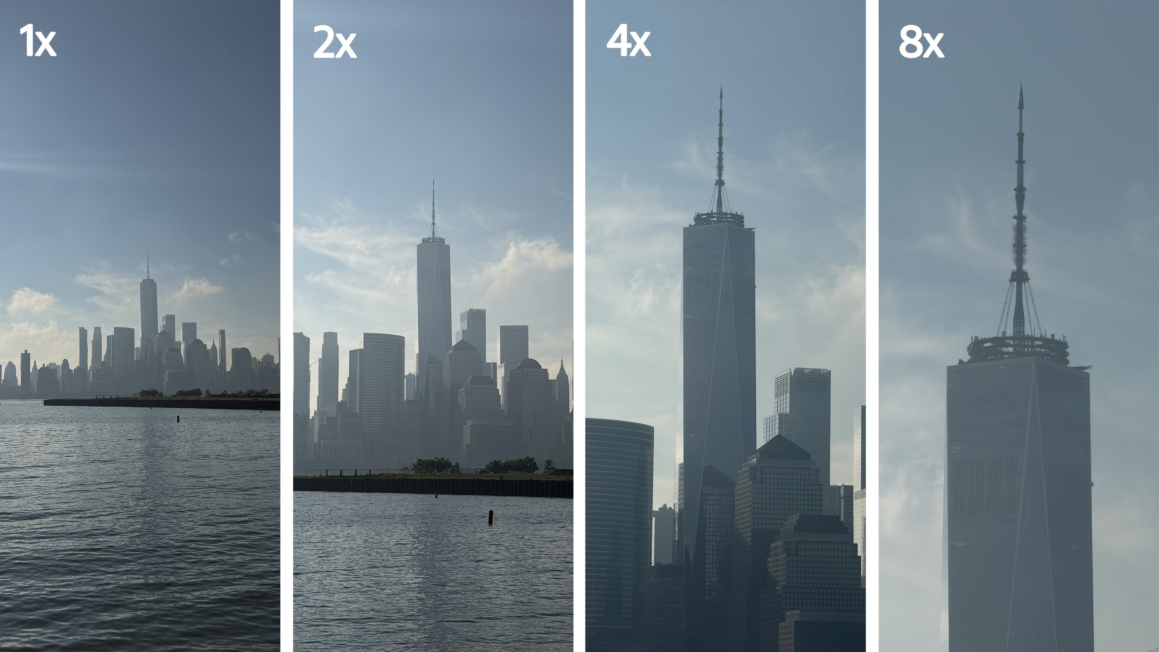 A composite of four pictures taken by the iPhone 17 Pro, showing the World Trade Center from across the Hudson River. The images are labeled 1x, 2x, 4x and 8x from left to right, with corresponding zoom levels on the pictures.