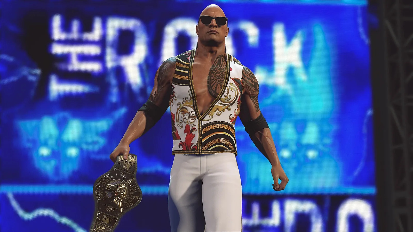 The Rock walking in the video game WWE 2K25.
