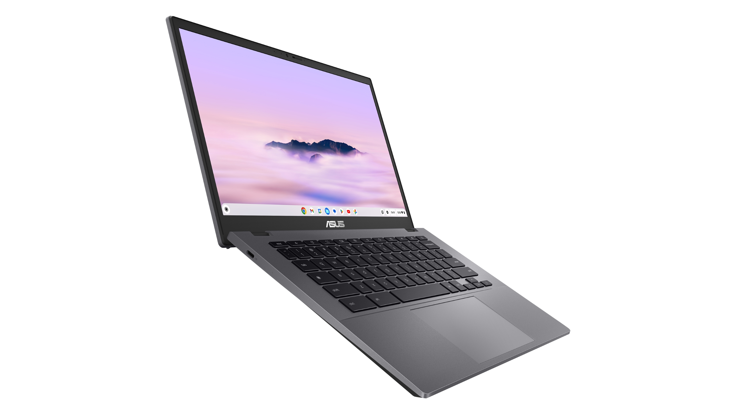 A grey Chromebook Plus with a USB-C port on the side.