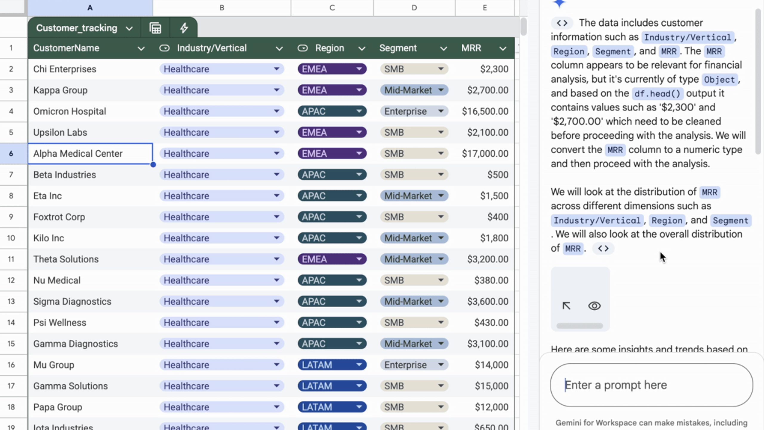 On the right hand side, the Gemini side panel uses Python to analyze the data in the user's spreadsheet. 