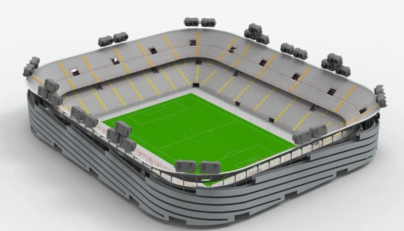 Render of a Premier League stadium with cameras mounted around the upper bleachers.