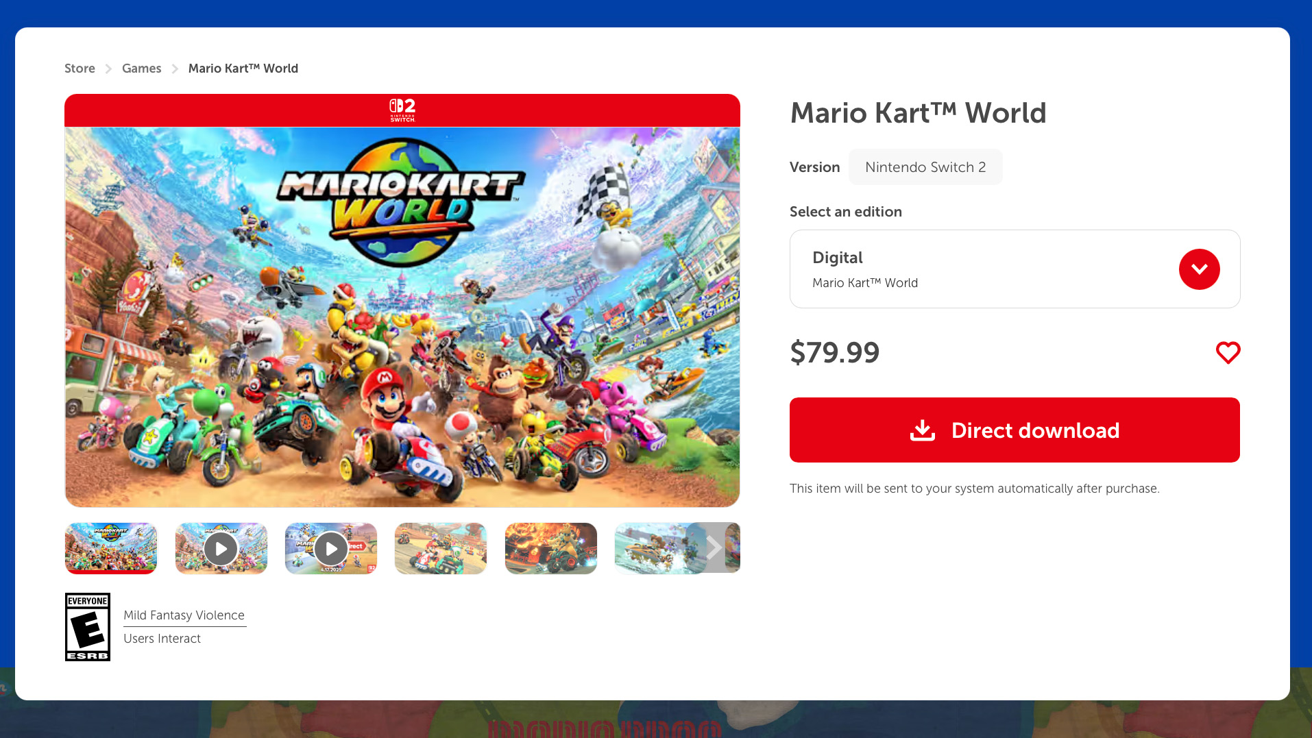 Nintendo Store listing for Mario Kart World, showing it's $79.99 price.