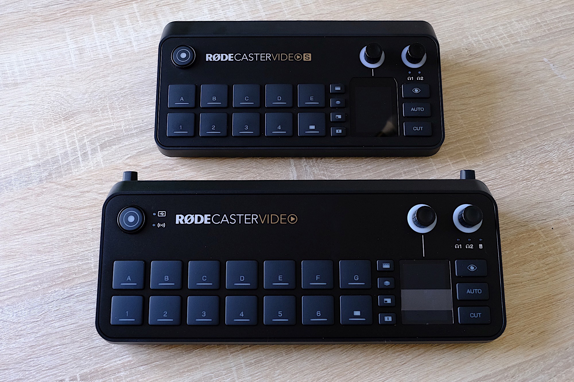 The Rodecaster Video S (top) vs. The Rodecaster Video (bottom)