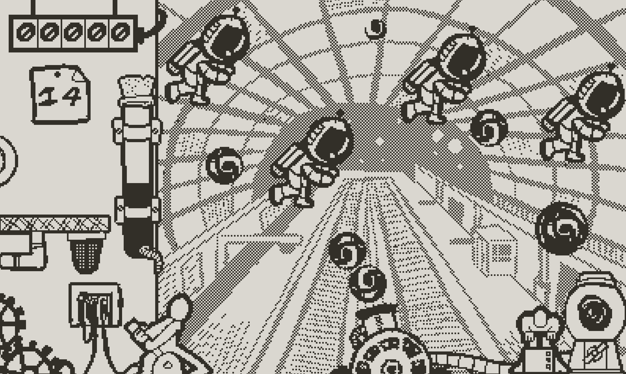 A still from the game Black Hole Havoc showing a scene with space tourists in spacesuits surrounded by small black holes, while a cannon at the bottom fires more black holes at them