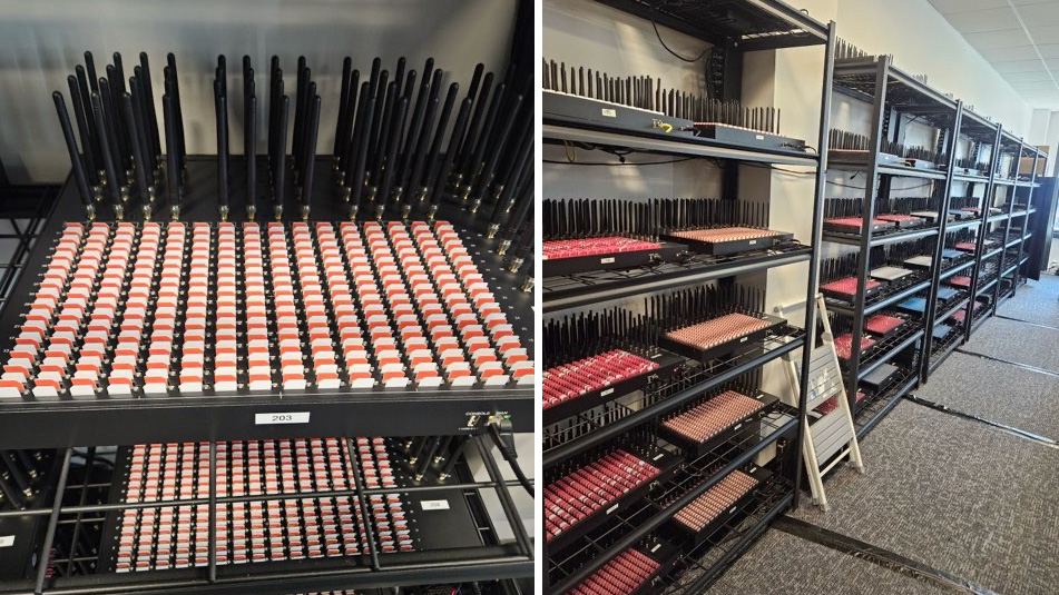 Split-pane, showing racks of SIM servers seized in a Secret Service investigation.