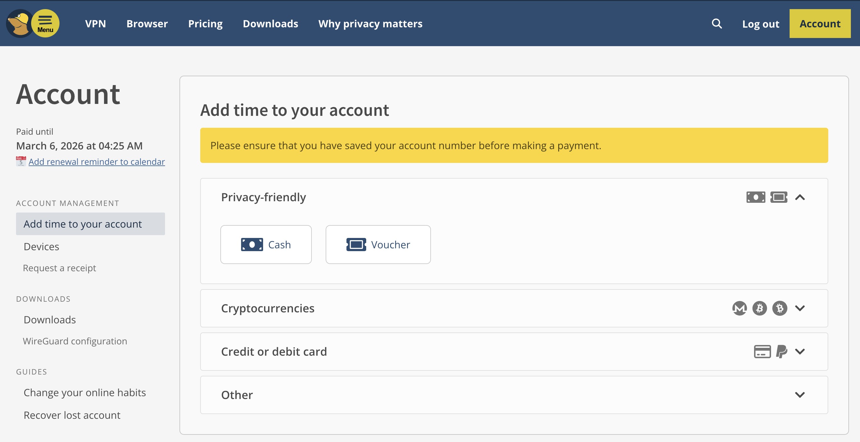 The Mullvad account dashboard.