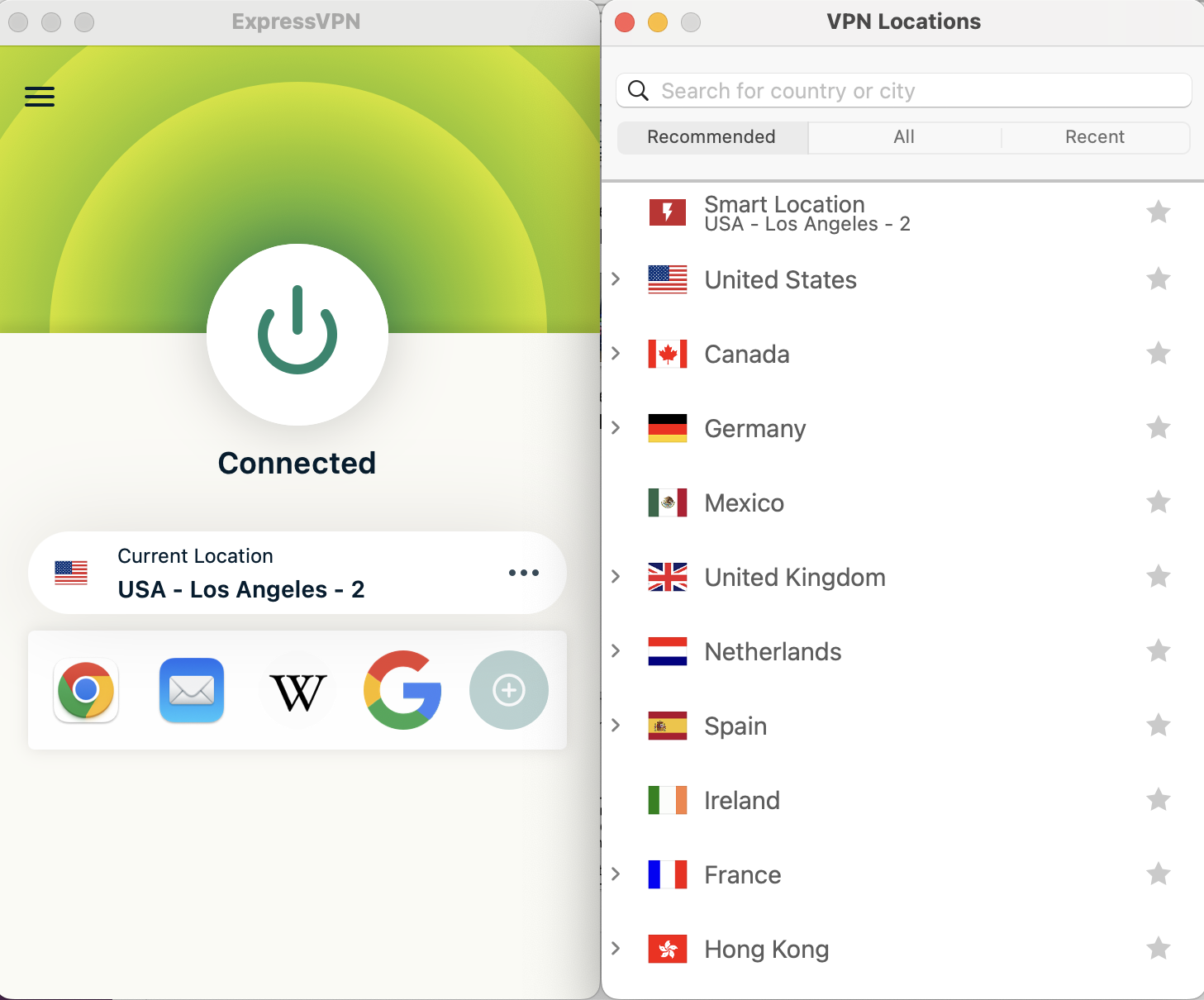 ExpressVPN recommends some servers, but it's easy to search the whole list.