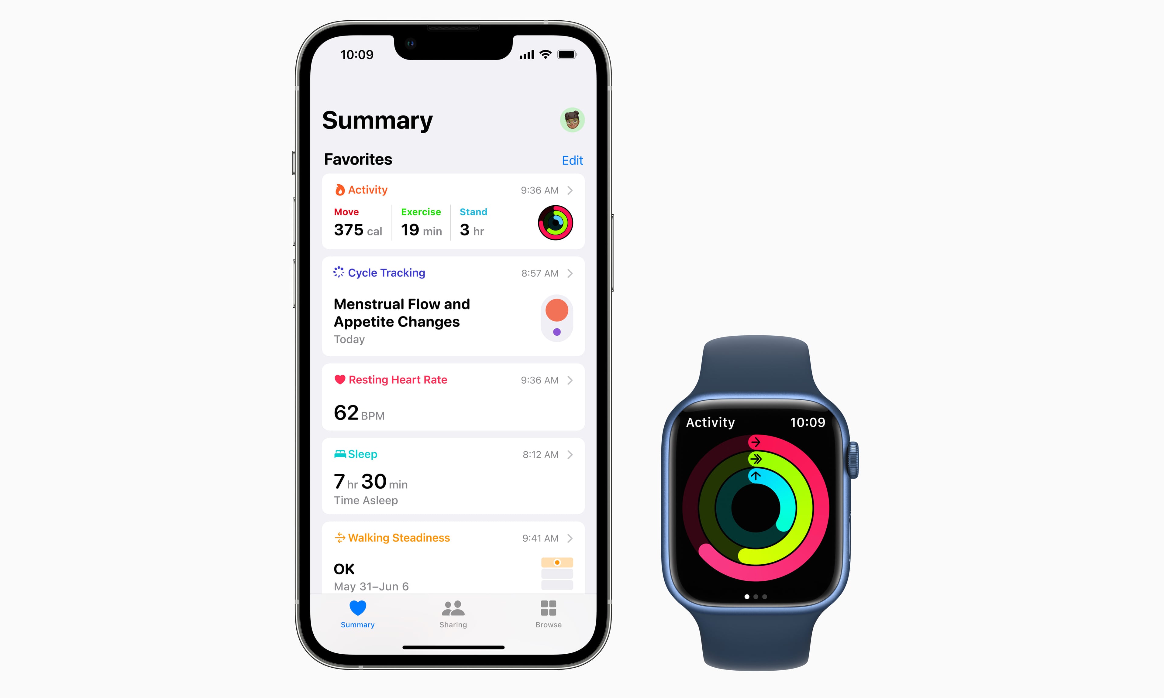 Image of an iPhone (with Health app visible) next to an Apple Watch.