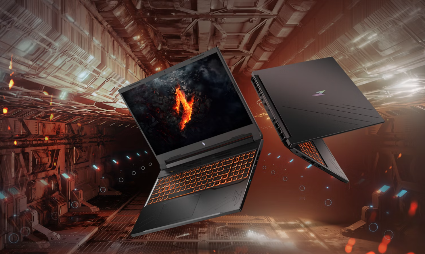 Two laptops floating in a set from Alien.