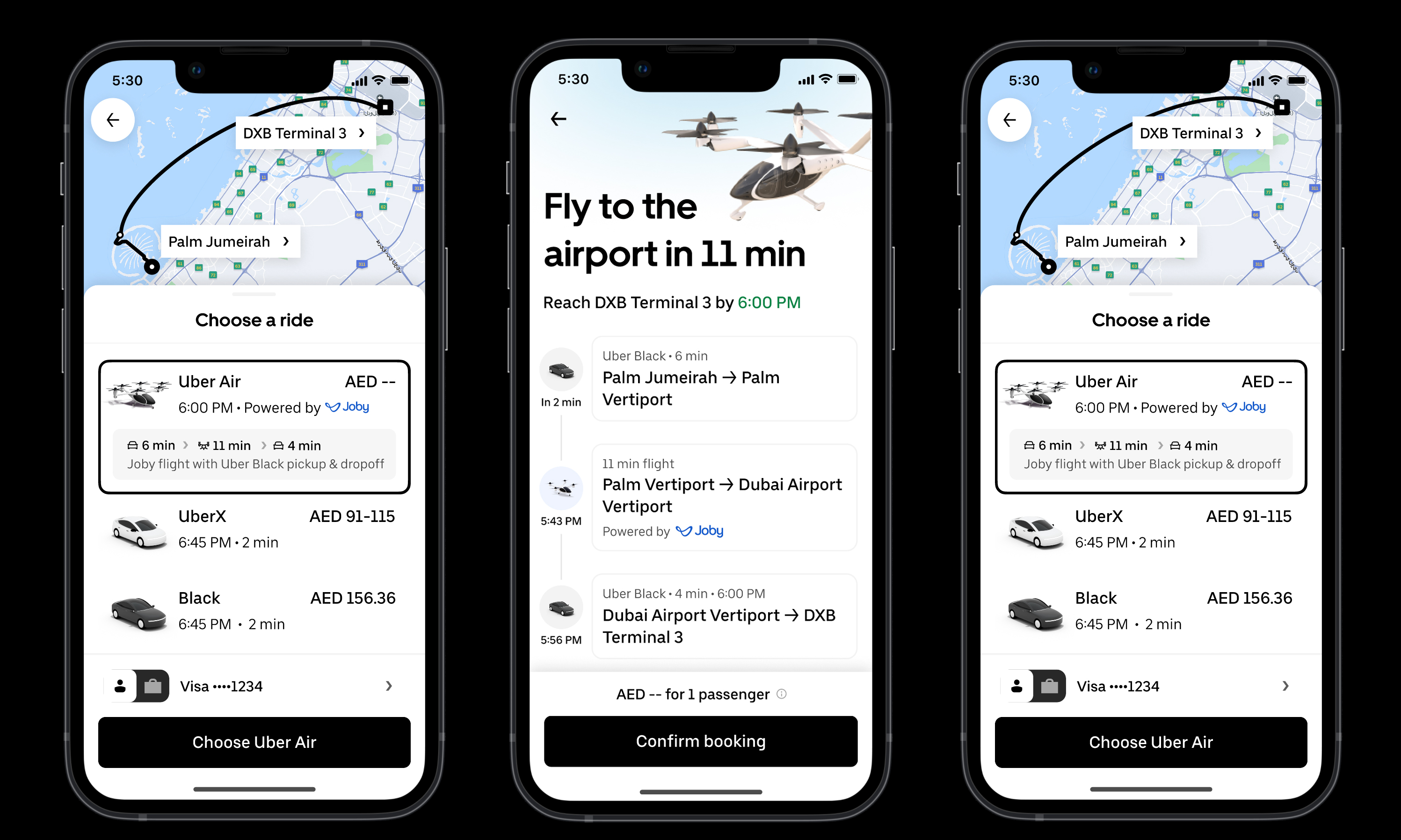 Three phone screens, showing the process of booking an air taxi in the Uber app