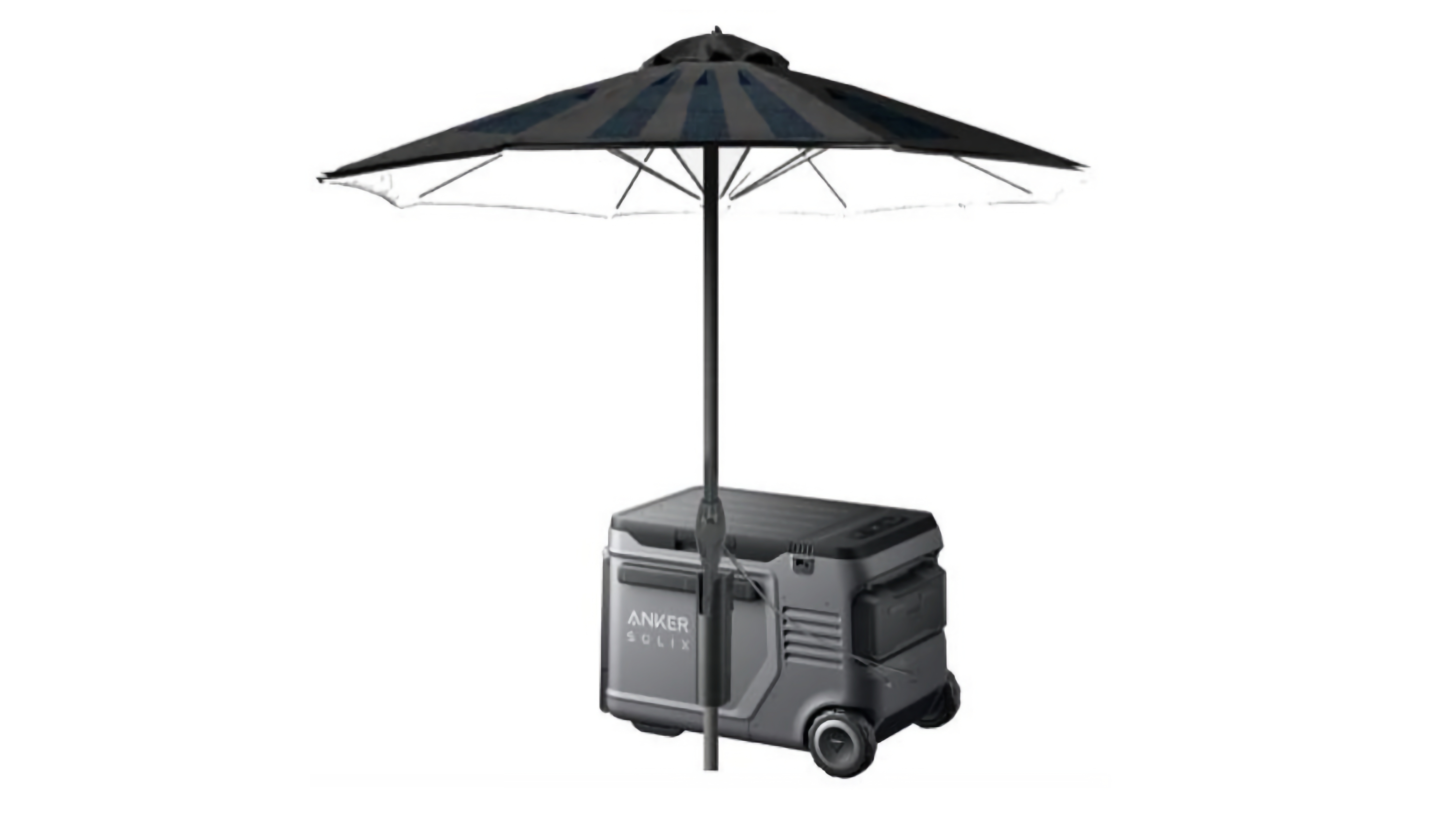 Anker's black solar beach umbrella and gray cooler.