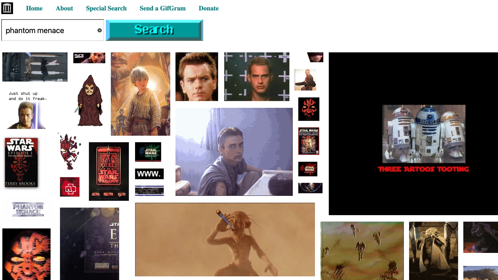 GIF search results for Phantom Menace from old GeoCities pages.