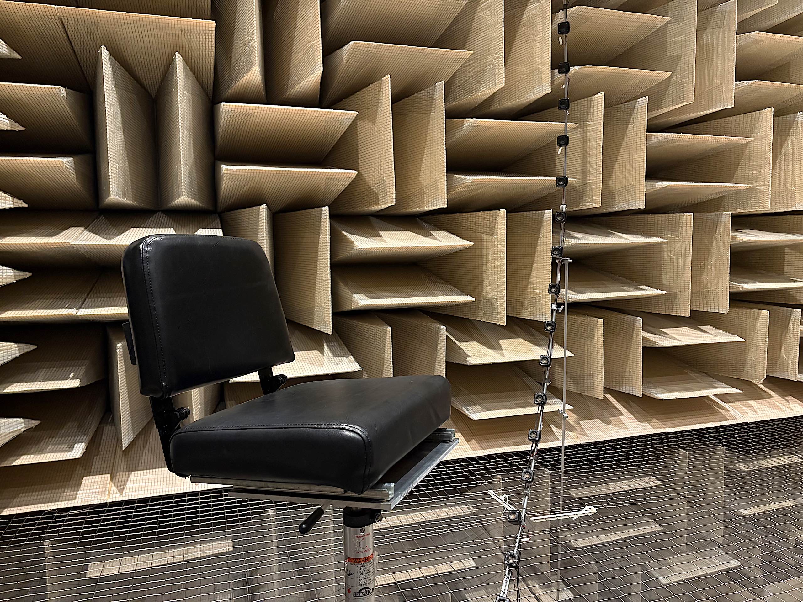 A setup for testing spatial audio inside the anechoic chamber.