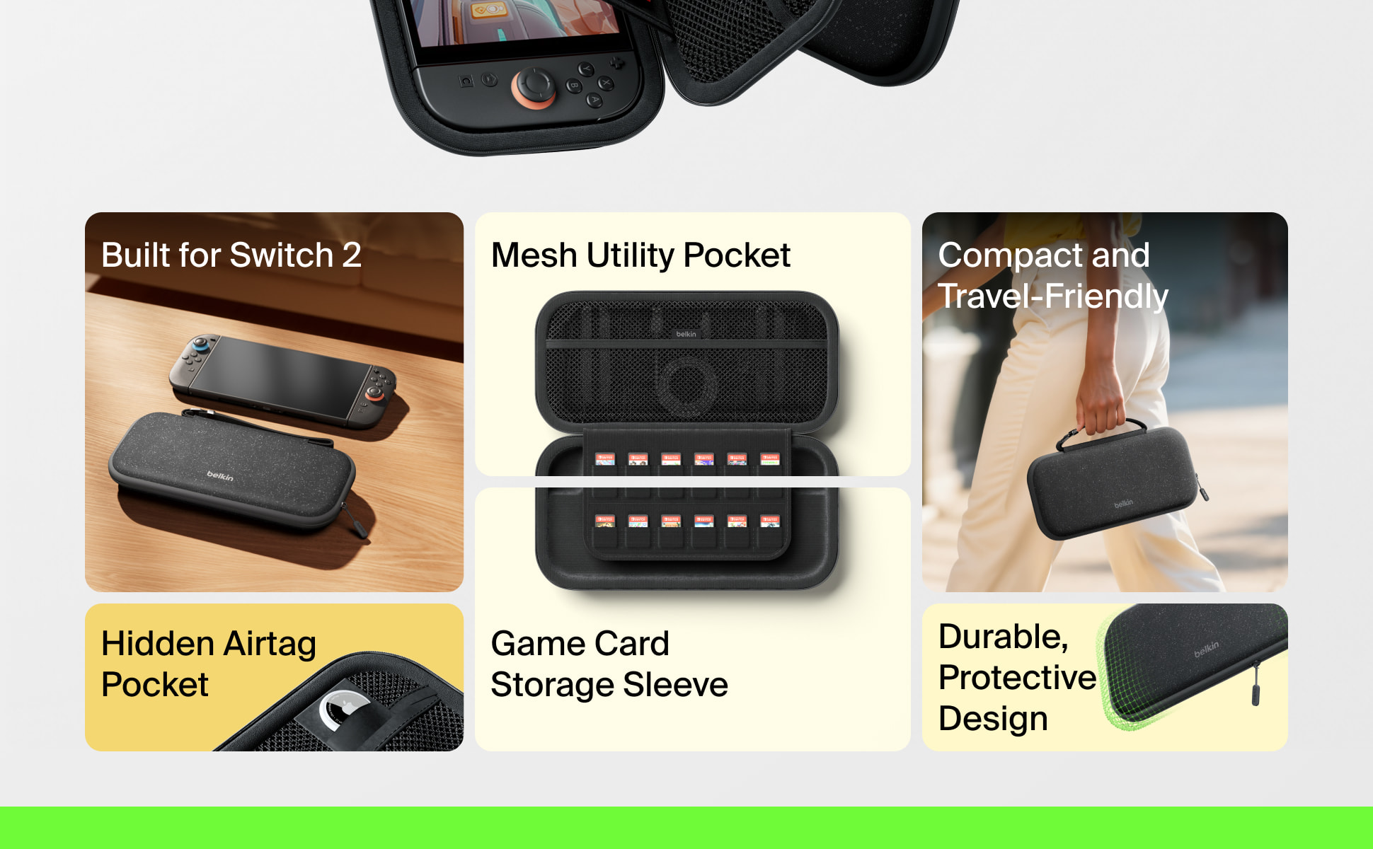 Photos and features of the Belkin Switch 2 Travel Case arranged in a grid, including the cartridge pocket and the built-in handle.