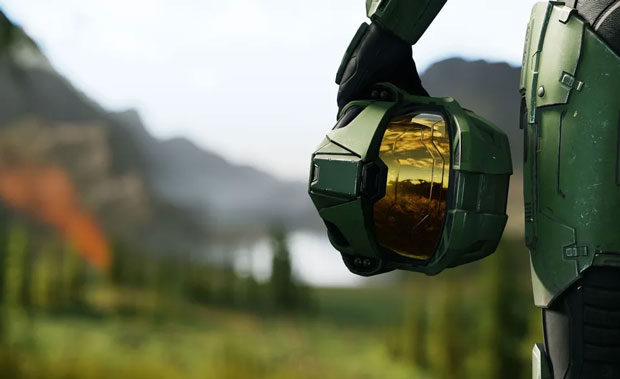Still from a Halo project where a soldier's helmet is held by their leg.