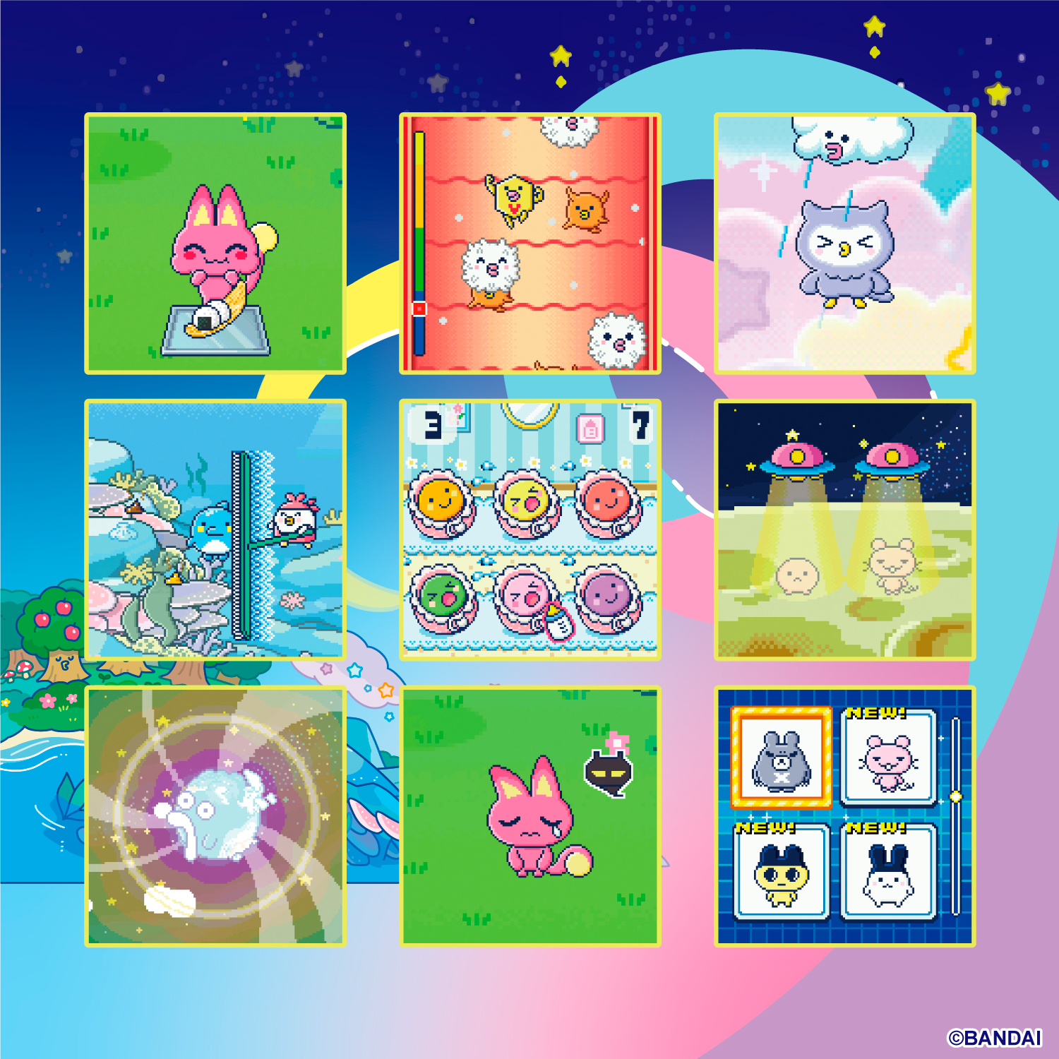 Previews of 9 Tamagotchi Paradise experiences including mini games and the character compendium are pictured in a grid