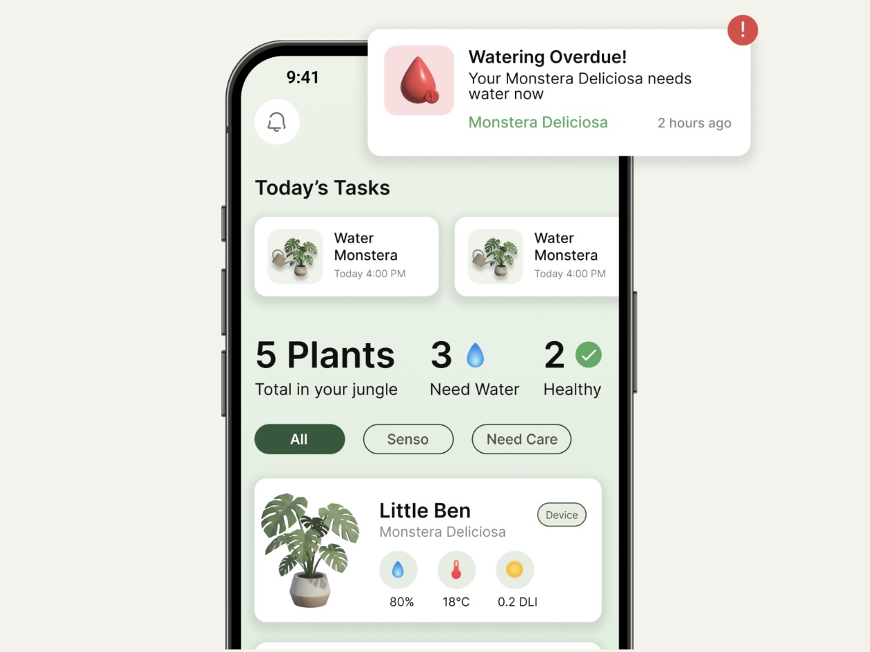 The companion app for the Senso device showing plant data and care tips