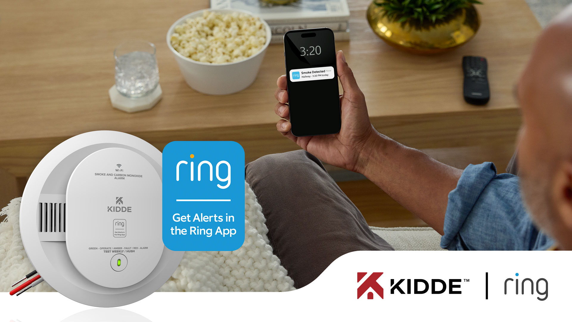 Promotional image of Ring / Kidde's smart connected smoke alarm.