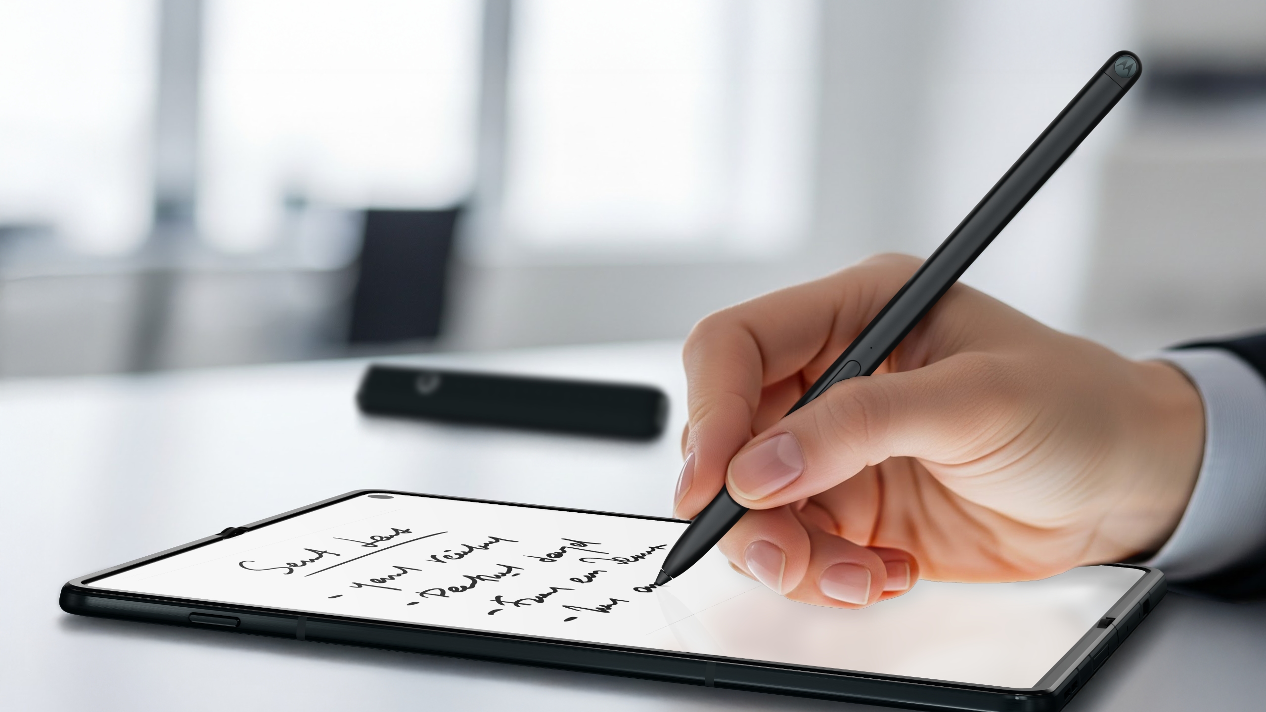 A hand holding a Moto Pen Ultra writing on a Razr Fold.