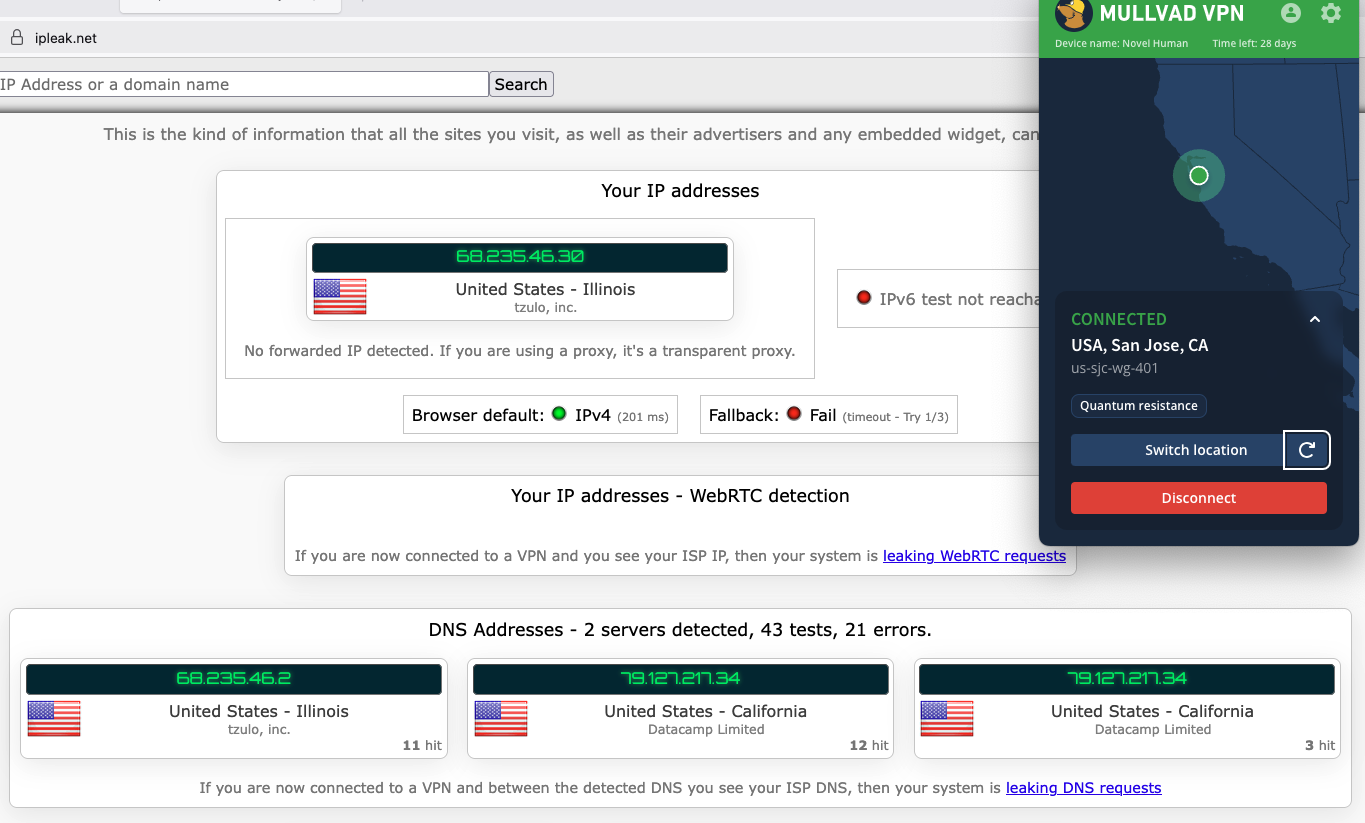 Mullvad doesn't leak your IP even while changing servers.