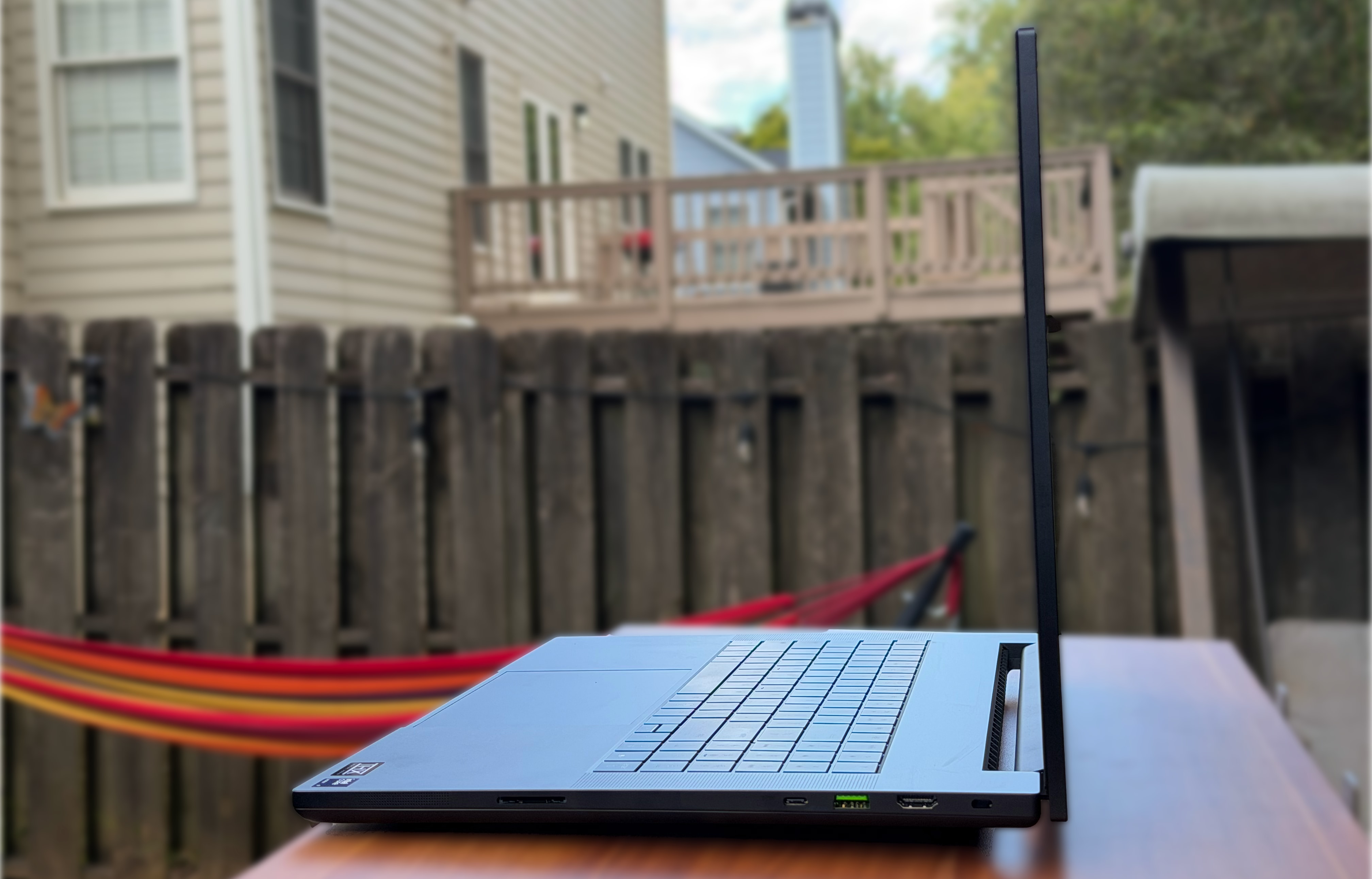 Razer Blade 18 from the side, viewing a few ports.