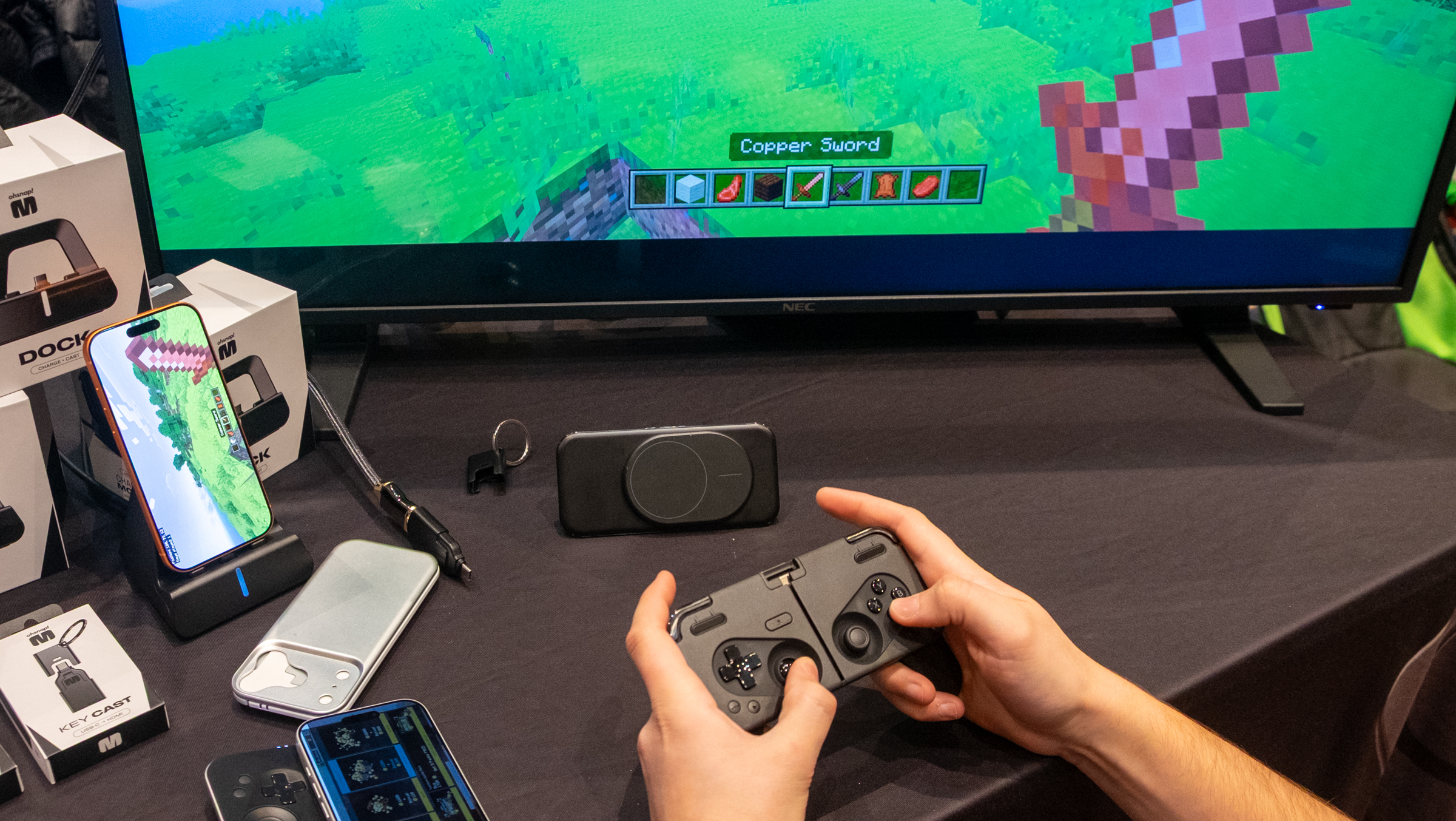 The MCON dock connects your phone to your TV for full-screen gameplay.