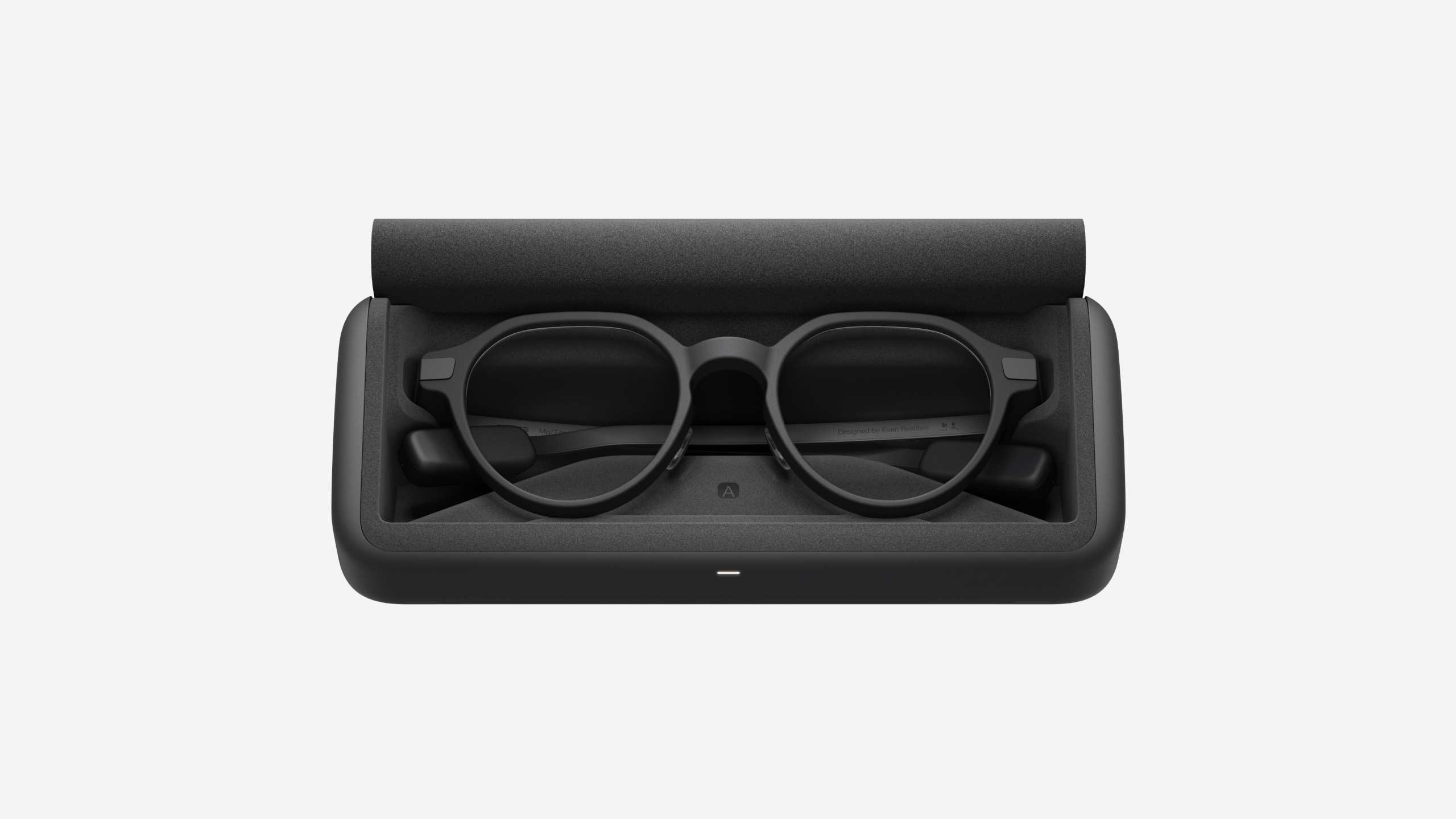 A pair of Even G2 Display Smart Glasses in a charging case.