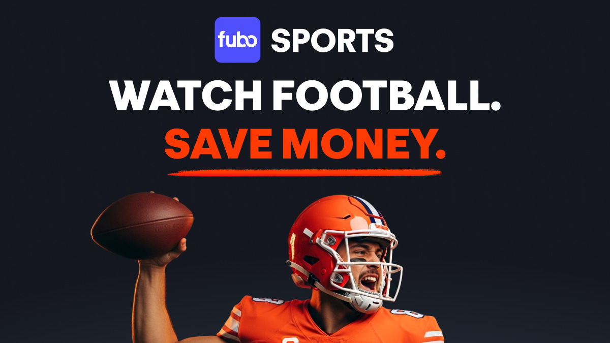 Promo image for Fubo Sports. Includes the tagline, 