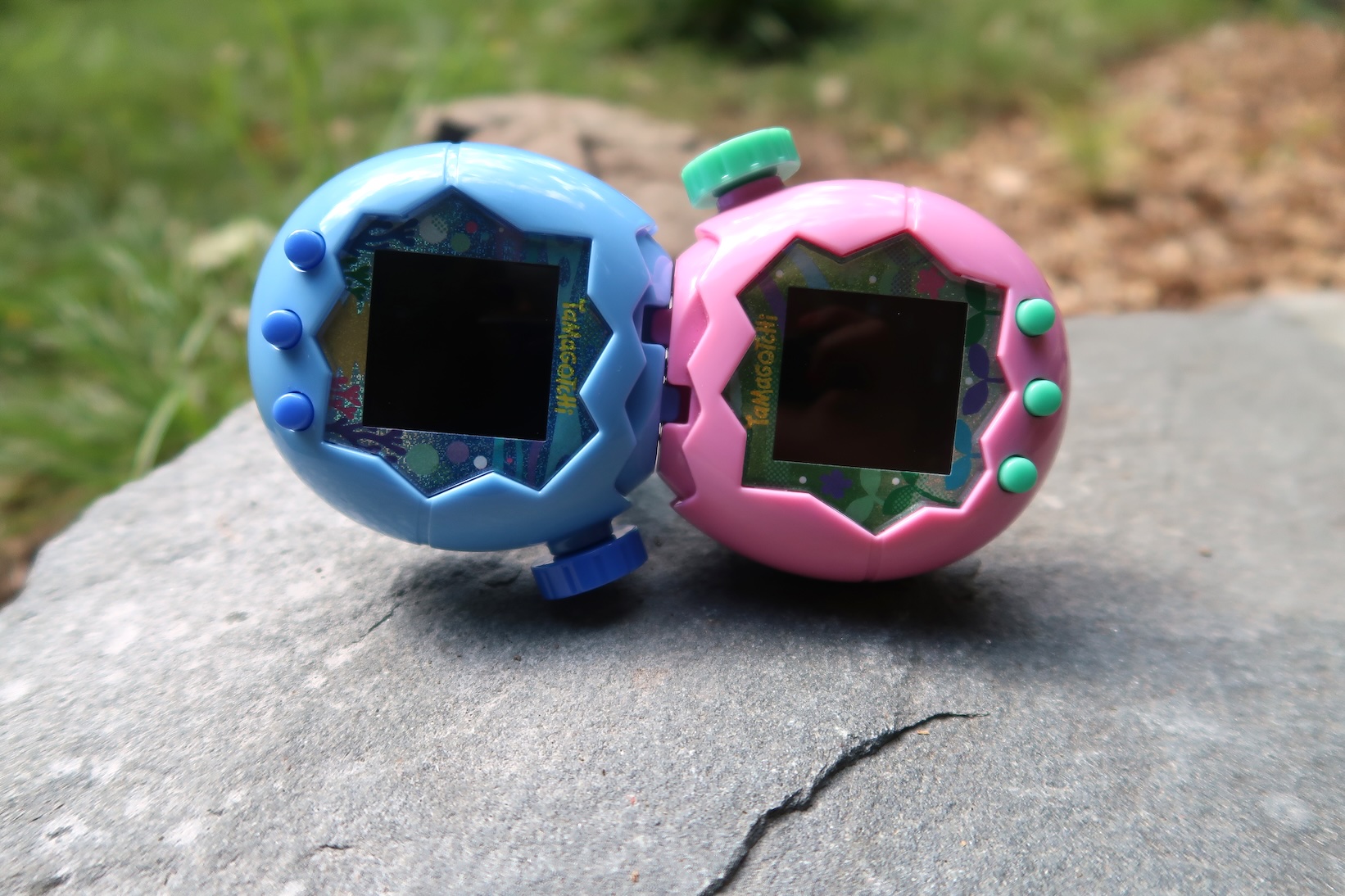 A Tamagotchi Paradise Blue Water and Tamagotchi Paradise Pink Land device are pictured physically connected by an interlocking port on the top of their shell