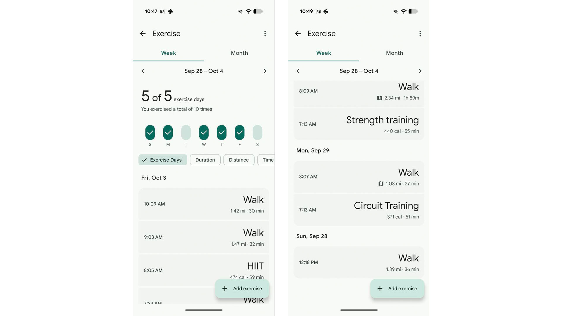 Two screenshots showing the Fitbit app's exercise section for the period of September 28 to October 4. The first one is the top part of this page, saying the user had met five out of their five target exercise days. The rest of this and the second screenshot show logged activities, including walks, HIIT, strength and circuit training.